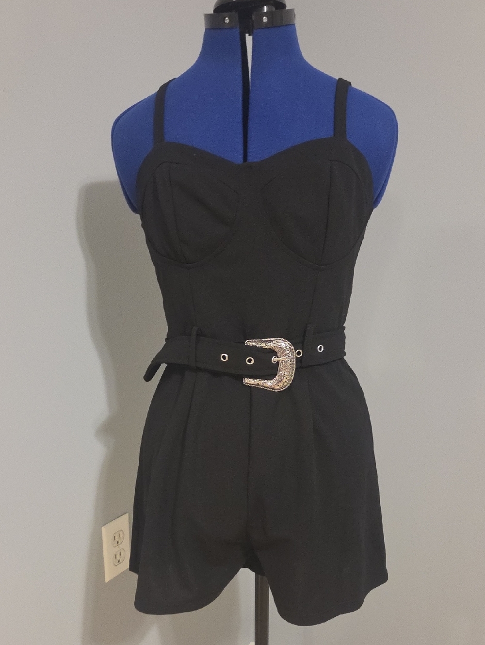 Black Bustier Romper with Western-Inspired Buckle